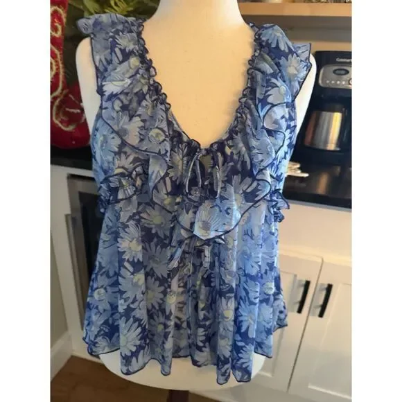 Free People Top Womens Small Blue Floral Boho Sleeveless Ruffle Tiered Summer - Picture 1 of 8